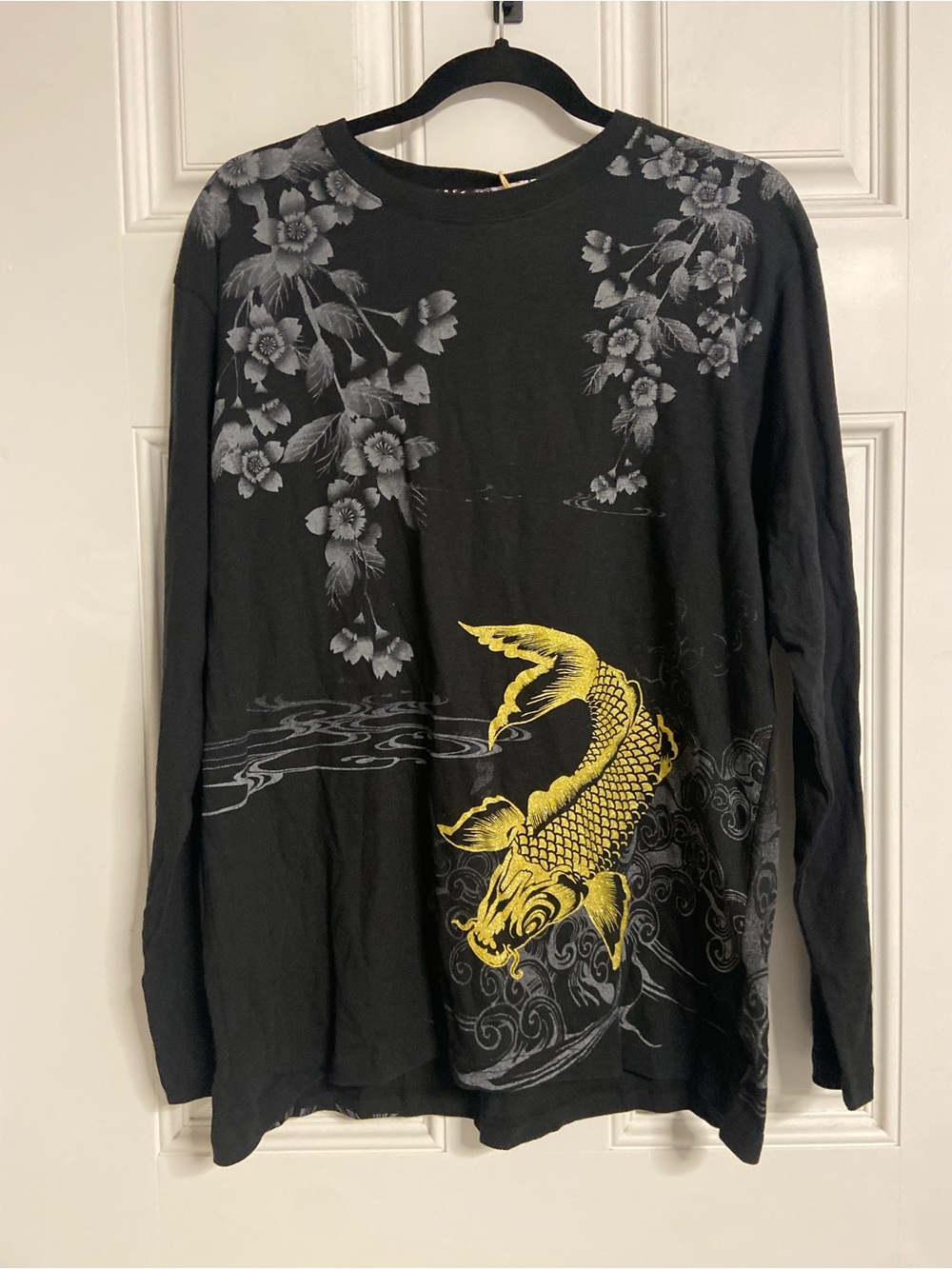 T43- BULLET NOISE Y2K Black KARAKURI Gold KOI Fish Long Sleeve T-Shirt